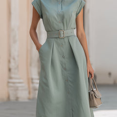 Elegant stand collar belted button-down midi shirt dress by My Store, shown in a stylish fabric and classic design.