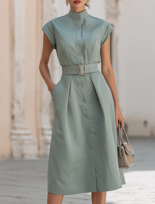 Elegant stand collar belted button-down midi shirt dress by My Store, shown in a stylish fabric and classic design.
