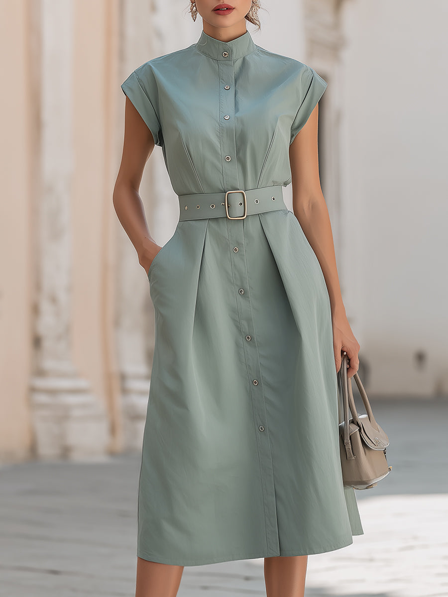 Elegant stand collar belted button-down midi shirt dress by My Store, shown in a stylish fabric and classic design.