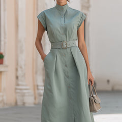Elegant stand collar belted button-down midi shirt dress by My Store, featuring classic design and tailored fit.