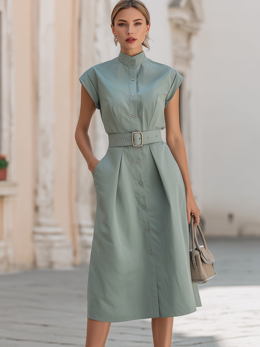 Elegant stand collar belted button-down midi shirt dress by My Store, featuring classic design and tailored fit.