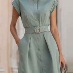 Elegant stand collar belted button-down midi shirt dress with long sleeves, designed by My Store, displayed on a hanger.