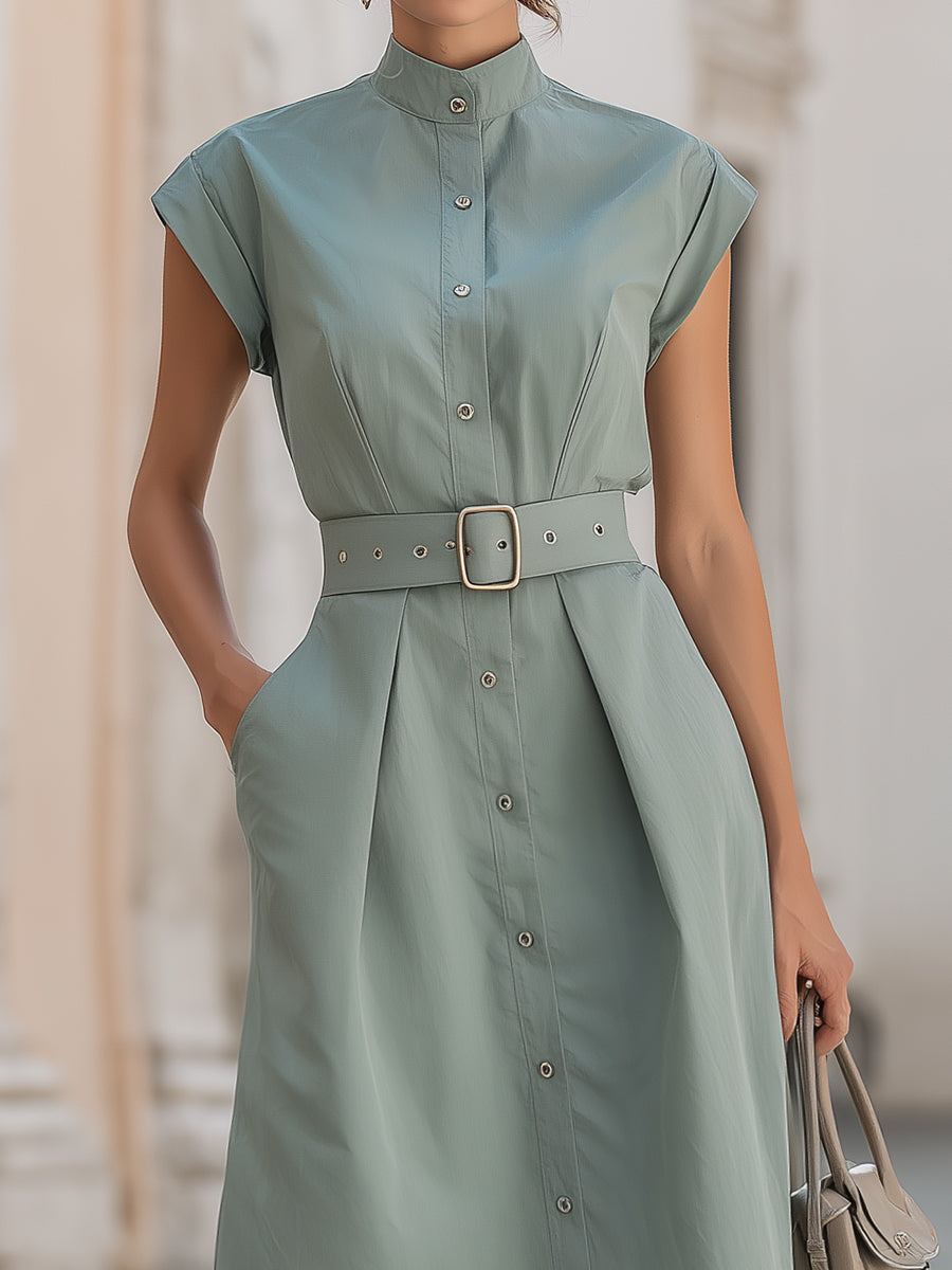 Elegant stand collar belted button-down midi shirt dress with long sleeves, designed by My Store, displayed on a hanger.