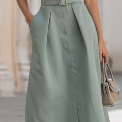 Elegant stand collar belted button-down midi shirt dress by My Store featuring long sleeves and a classic silhouette.