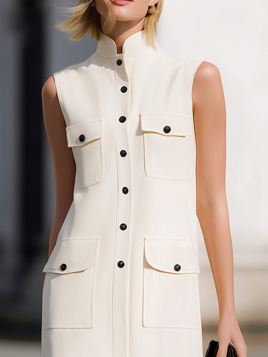 Cream sleeveless utility-pocket button-down shift mini dress for women by Tammy Bradley, featuring a casual, stylish design.
