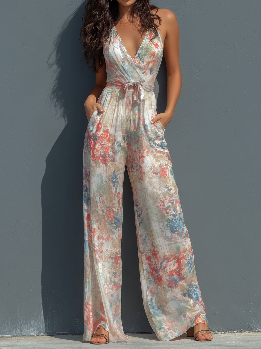 White floral satin halter neck wide-leg jumpsuit for women, featuring a wrap front design and elegant style.