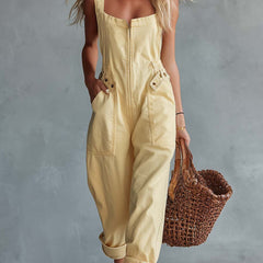 Light yellow denim women's jumpsuit with square neckline and zip-front closure, stylish and comfortable pants from My Store.