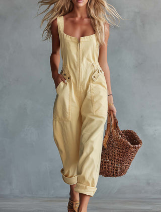 Light yellow denim women's jumpsuit with square neckline and zip-front closure, stylish and comfortable pants from My Store.