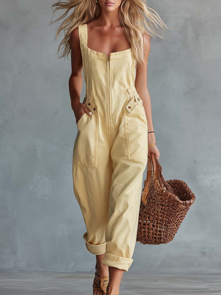 Light yellow denim women's jumpsuit with square neckline and zip-front closure, stylish and comfortable pants from My Store.