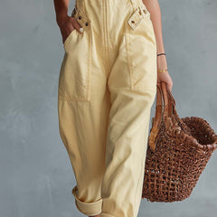 Light yellow denim jumpsuit for women with square neckline and zip front, stylish women's pants from My Store.