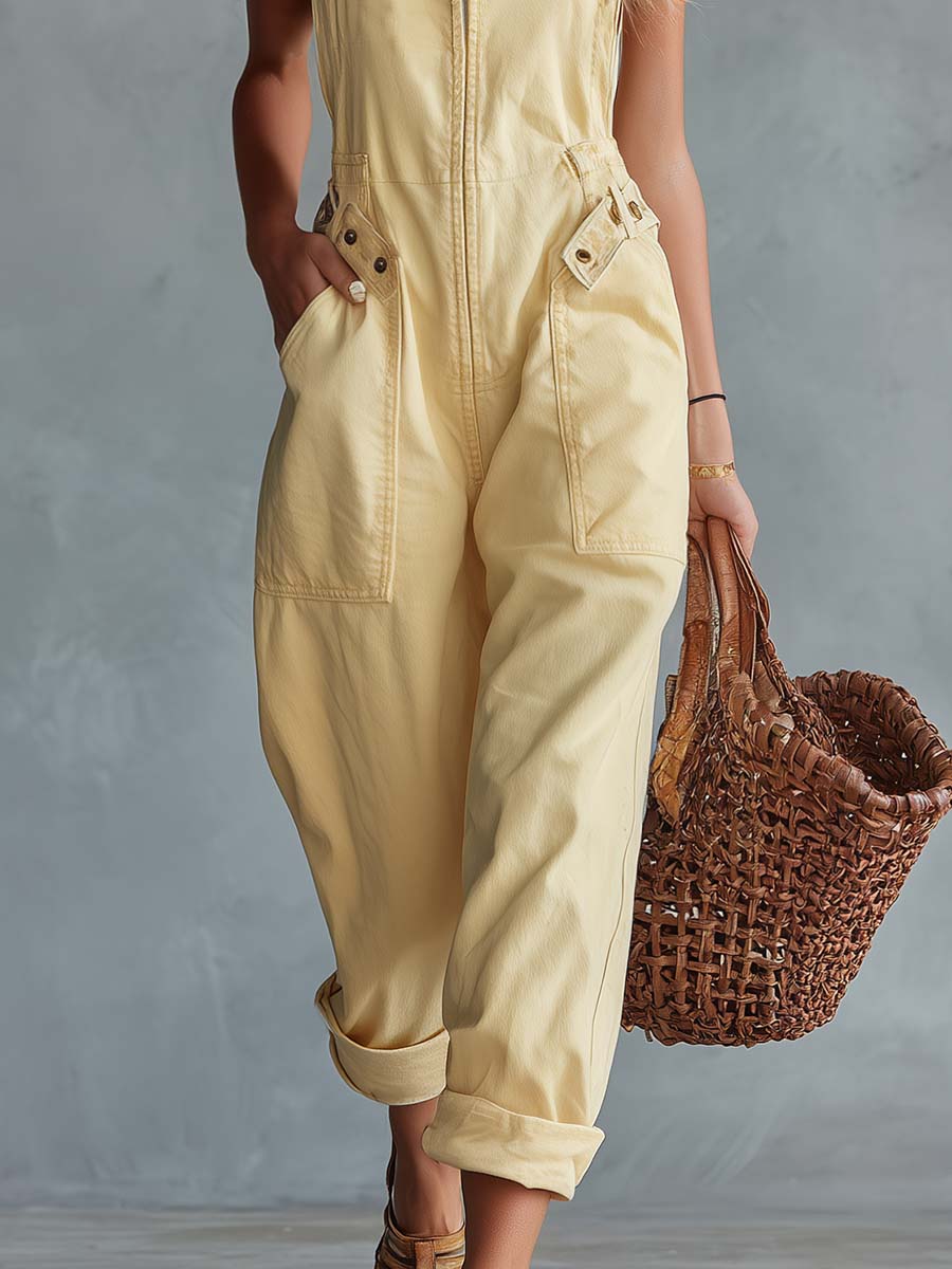 Light yellow denim jumpsuit for women with square neckline and zip front, stylish women's pants from My Store.