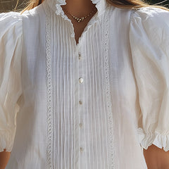 White linen puff sleeve two-piece pants set for women, featuring a stylish co-ord with a relaxed fit and matching top.