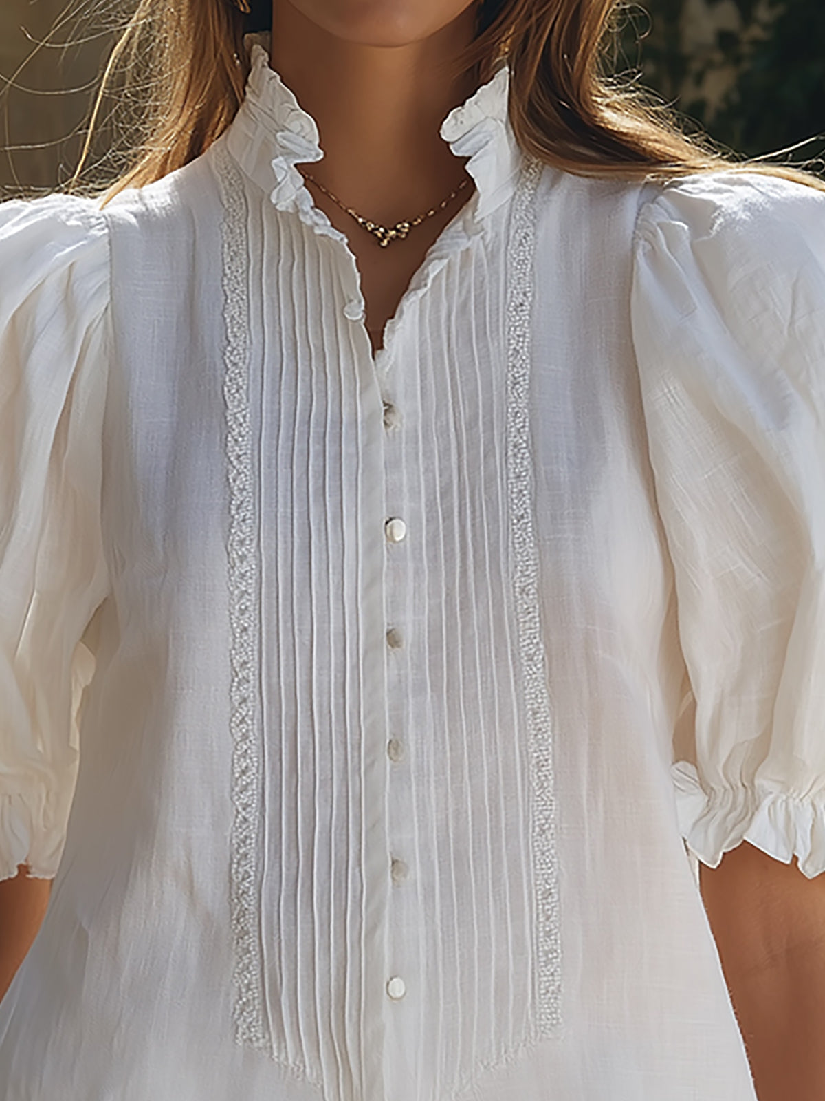 White linen puff sleeve two-piece pants set for women, featuring a stylish co-ord with a relaxed fit and matching top.