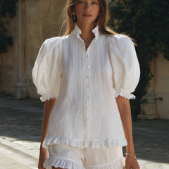 White linen puff sleeve two-piece co-ord set for women, featuring stylish pants and top with puff sleeves and relaxed fit.