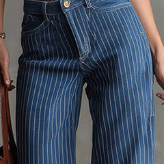 Blue striped straight-leg women's jeans with classic fit, shown on a model, featuring a casual denim style.