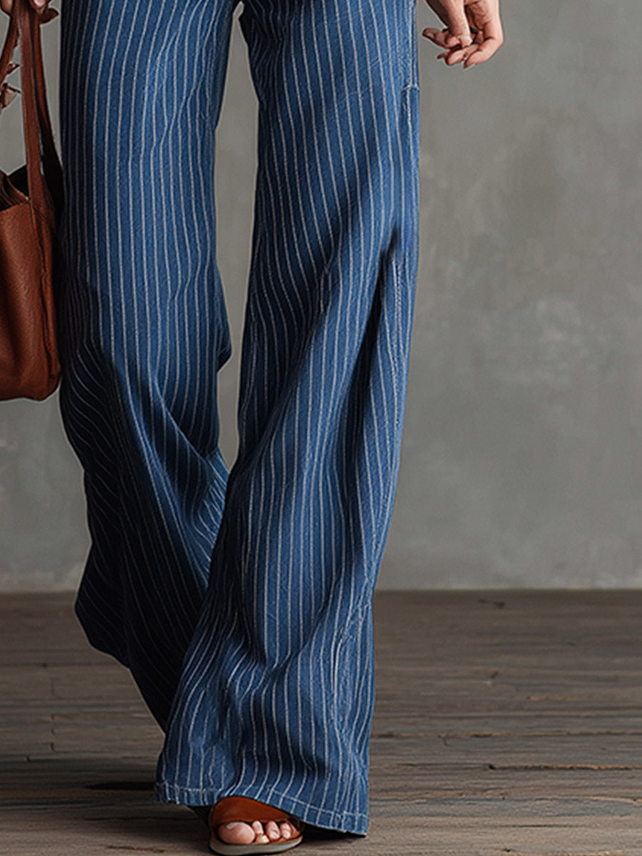 Blue striped straight-leg women's jeans from My Store, showing the fit and pattern of the casual denim pants.