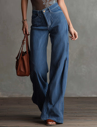Blue striped straight-leg women's jeans from My Store, showing denim fabric with vertical blue and white stripes.