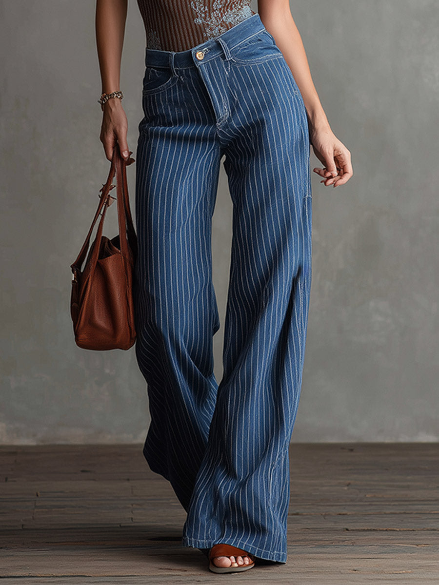 Blue striped straight-leg women's jeans from My Store, showing denim fabric with vertical blue and white stripes.