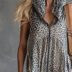 Women's apricot leopard print chiffon jumpsuit with hood, stylish and comfortable pants from My Store, shown on a model.