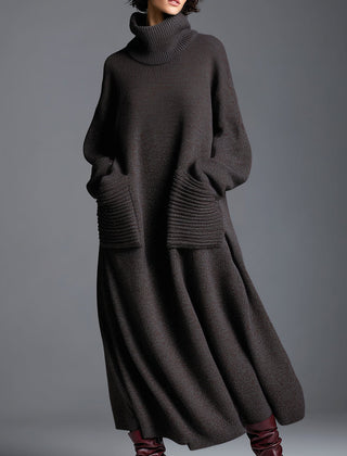 Brown knit maxi dress for women, flowing and stylish, featuring long sleeves and a comfortable fit, perfect for casual wear