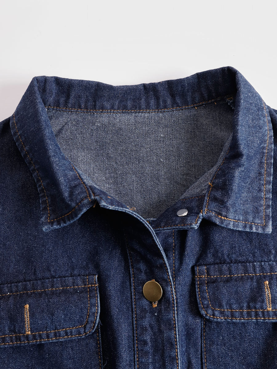Dark blue denim women's sleeveless balloon jumpsuit with multiple pockets and wide-leg pants, stylish and casual for everyday wear.