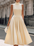 Cream sleeveless turtleneck pleated midi dress for women by Tammy Bradley, featuring a stylish and elegant design.