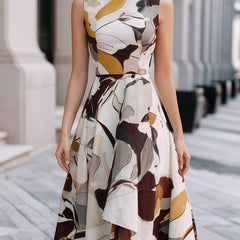 Abstract floral sleeveless fit and flare midi dress from My Store, showing its vibrant pattern and elegant silhouette.