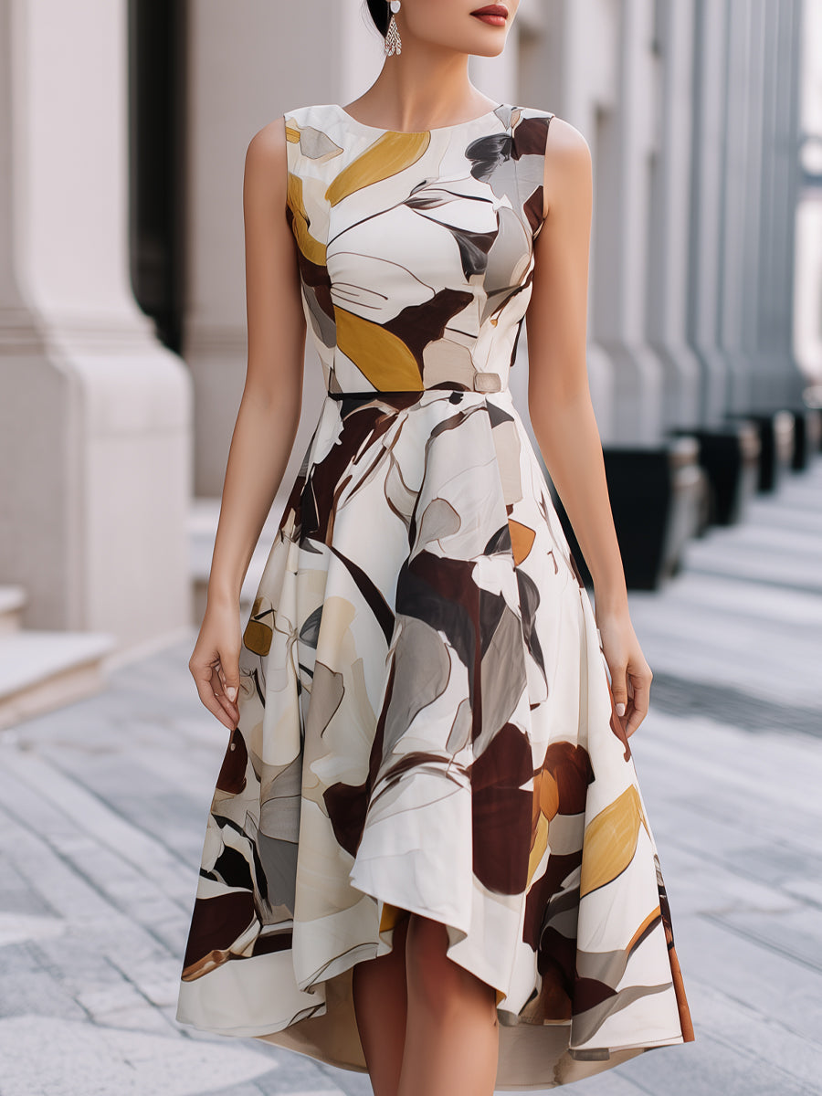 Abstract floral sleeveless fit and flare midi dress from My Store, showing its vibrant pattern and elegant silhouette.