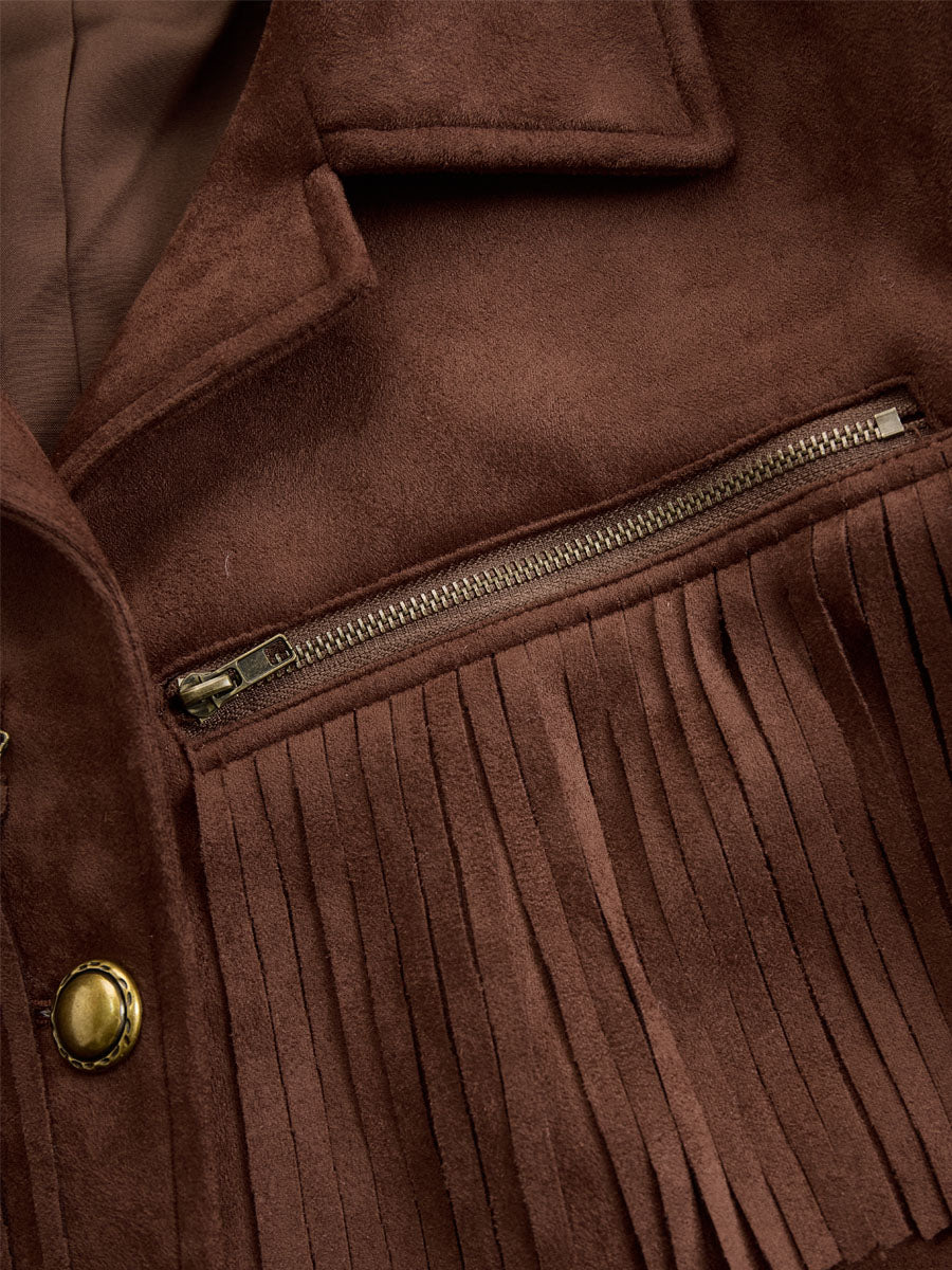 Brown suede western tassel zip-up jacket with fringe details, casual style, long sleeves, and front zipper closure.