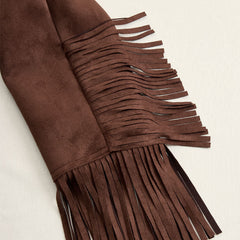 Brown suede Western tassel zip-up jacket with fringed details, stylish and casual, perfect for fall wear.