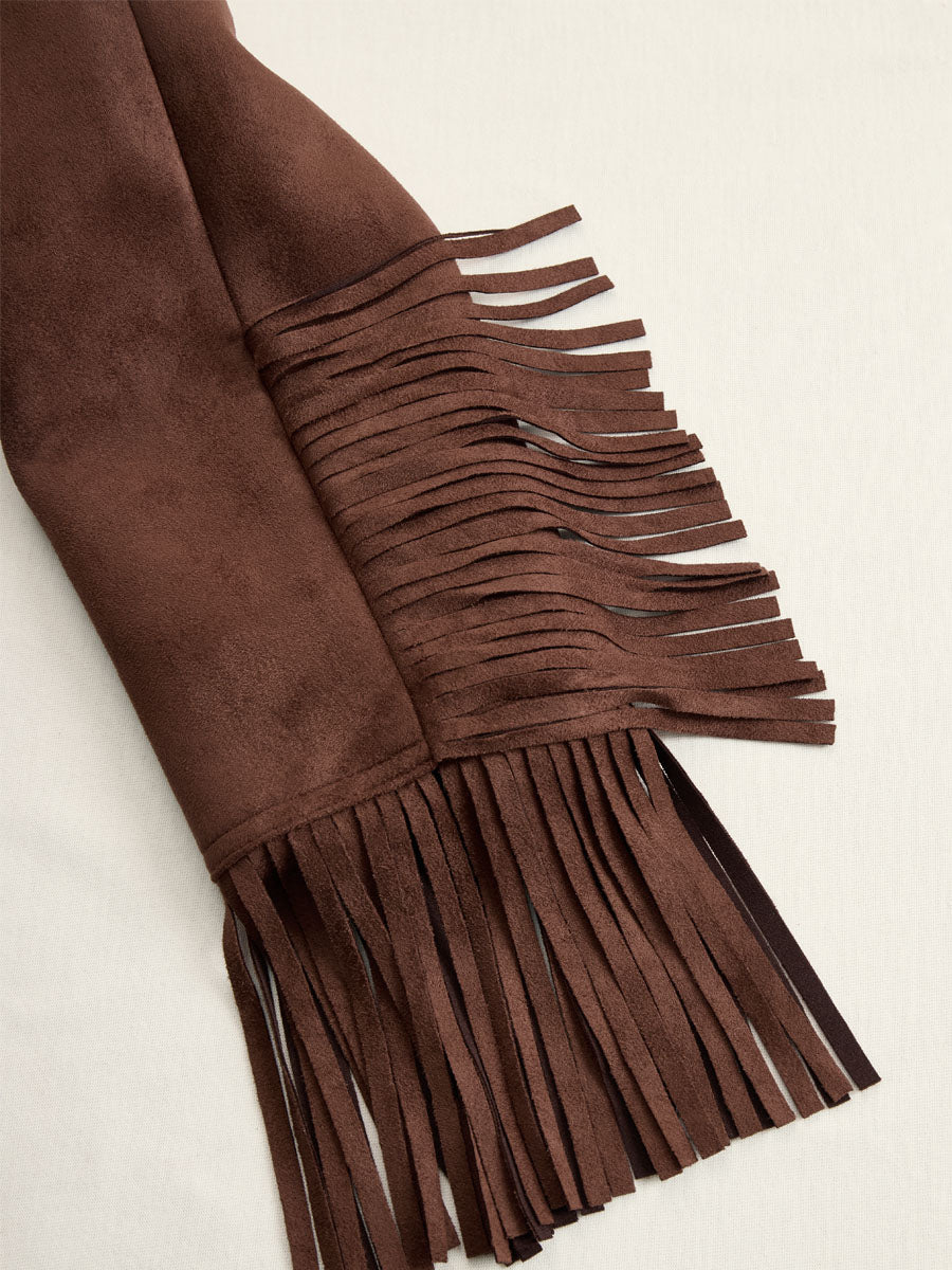 Brown suede Western tassel zip-up jacket with fringed details, stylish and casual, perfect for fall wear.