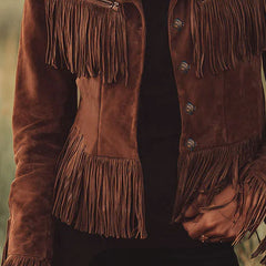 Brown suede western tassel zip-up jacket featuring fringe detailing and a classic cowboy style.