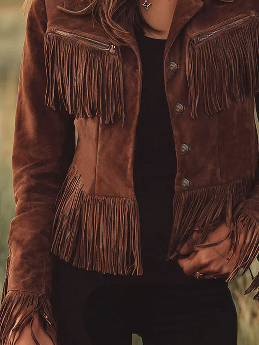 Brown suede western tassel zip-up jacket featuring fringe detailing and a classic cowboy style.
