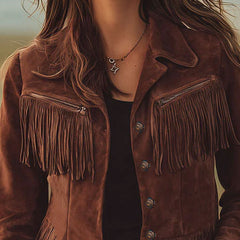 Brown suede Western tassel zip-up jacket with fringe details, stylishly displayed on a mannequin.