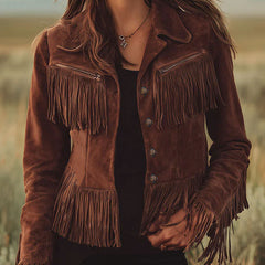 Brown suede Western tassel zip-up jacket with fringe details, stylish and casual for a Western-inspired look.