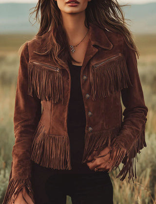 Brown suede Western tassel zip-up jacket with fringe details, stylish and casual for a Western-inspired look.