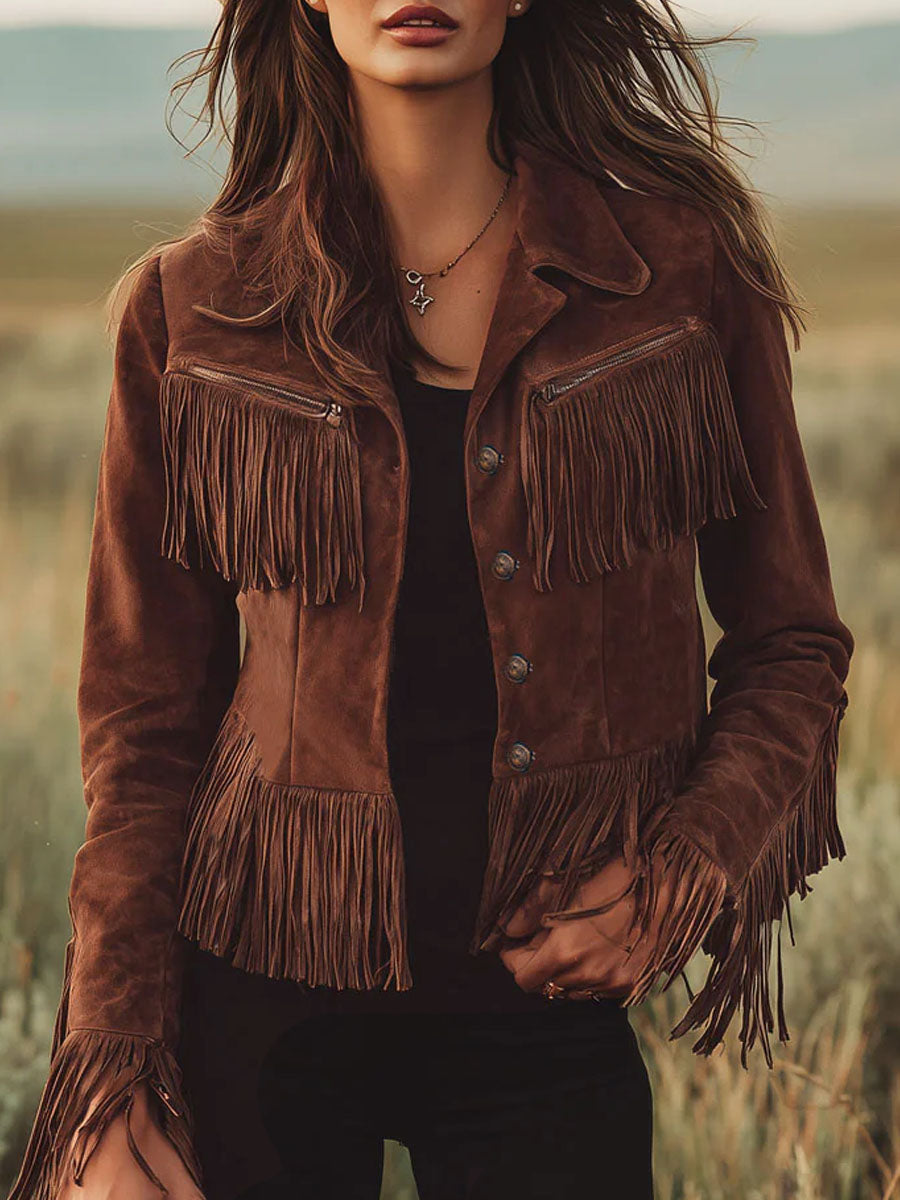 Brown suede Western tassel zip-up jacket with fringe details, stylish and casual for a Western-inspired look.