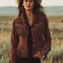 Brown suede Western tassel zip-up jacket featuring fringe details and a fitted design, perfect for casual Western-inspired style.