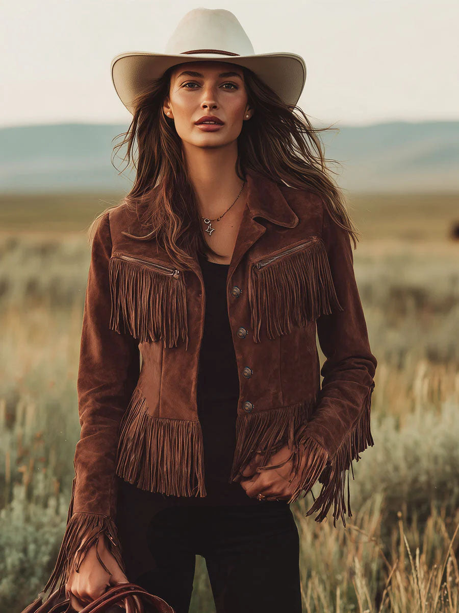 Brown suede Western tassel zip-up jacket featuring fringe details and a fitted design, perfect for casual Western-inspired style.