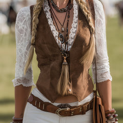 Brown suede lace sleeve western shirt for women, stylish blouse with detailed lace accents and long sleeves.