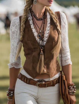 Brown suede lace sleeve western shirt for women, stylish blouse with detailed lace accents and long sleeves.