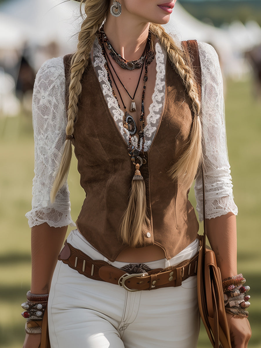 Brown suede lace sleeve western shirt for women, stylish blouse with detailed lace accents and long sleeves.