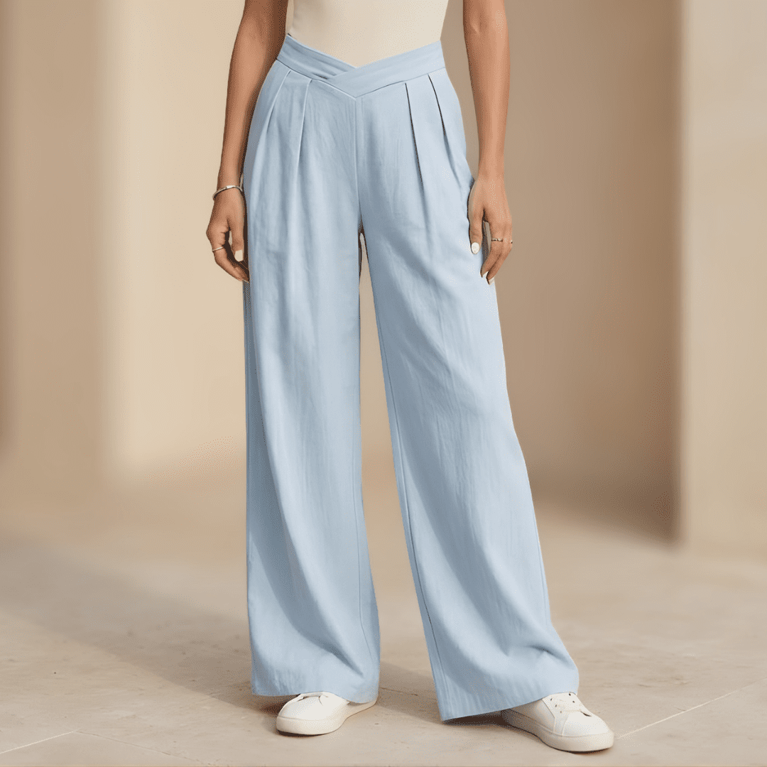 Women's Tammy Bradley criss-cross waist wide-leg trousers, stylish pants with a flattering fit and flowy silhouette.