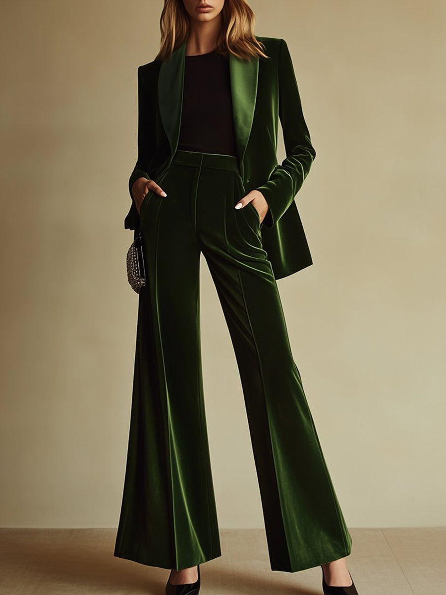 Emerald green velvet two-piece suit set for women, including loose pants and matching top, stylish and comfortable for various occasions.