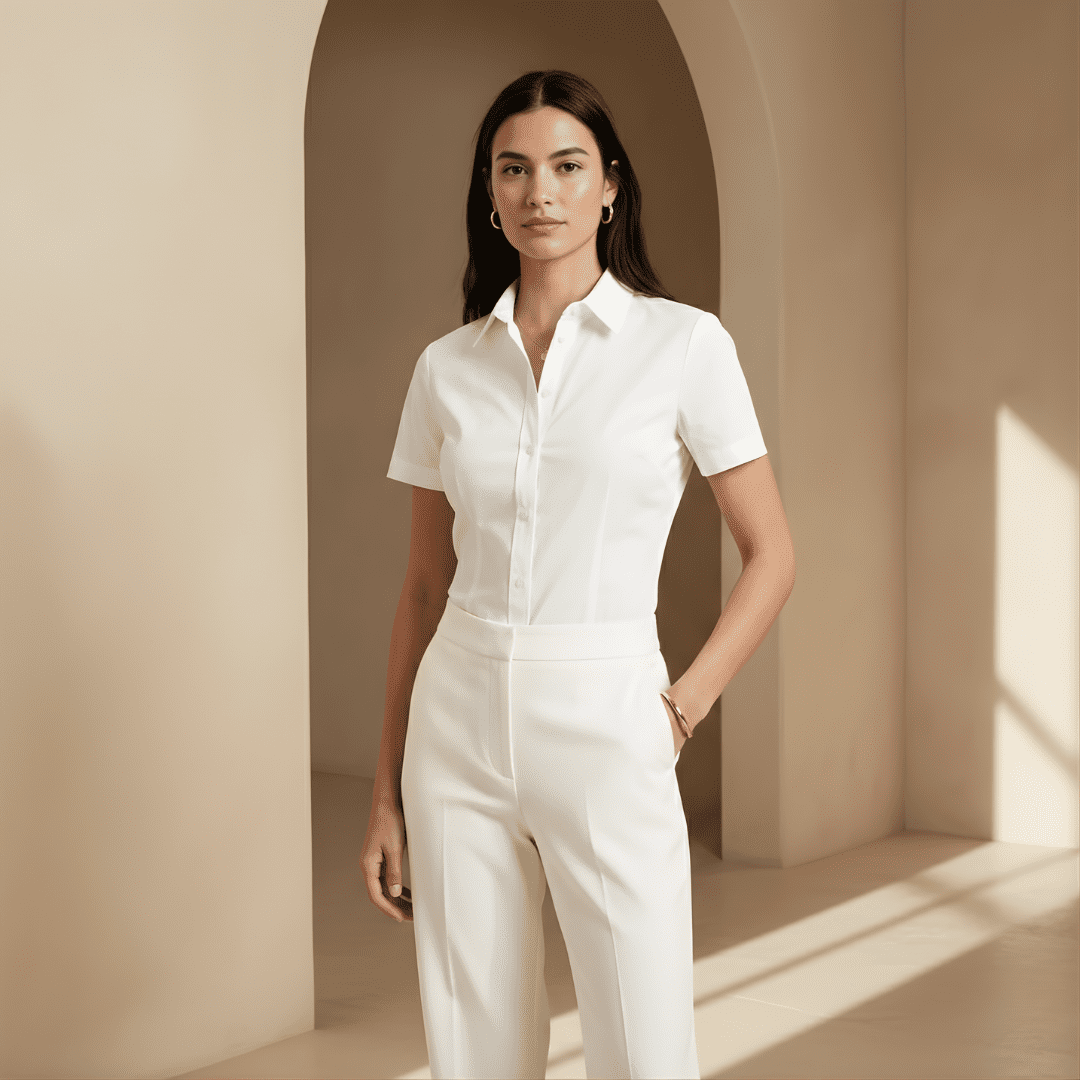 Light beige linen-blend loose-fit short-sleeve women's shirt by Tammy Bradley, shown on a hanger.