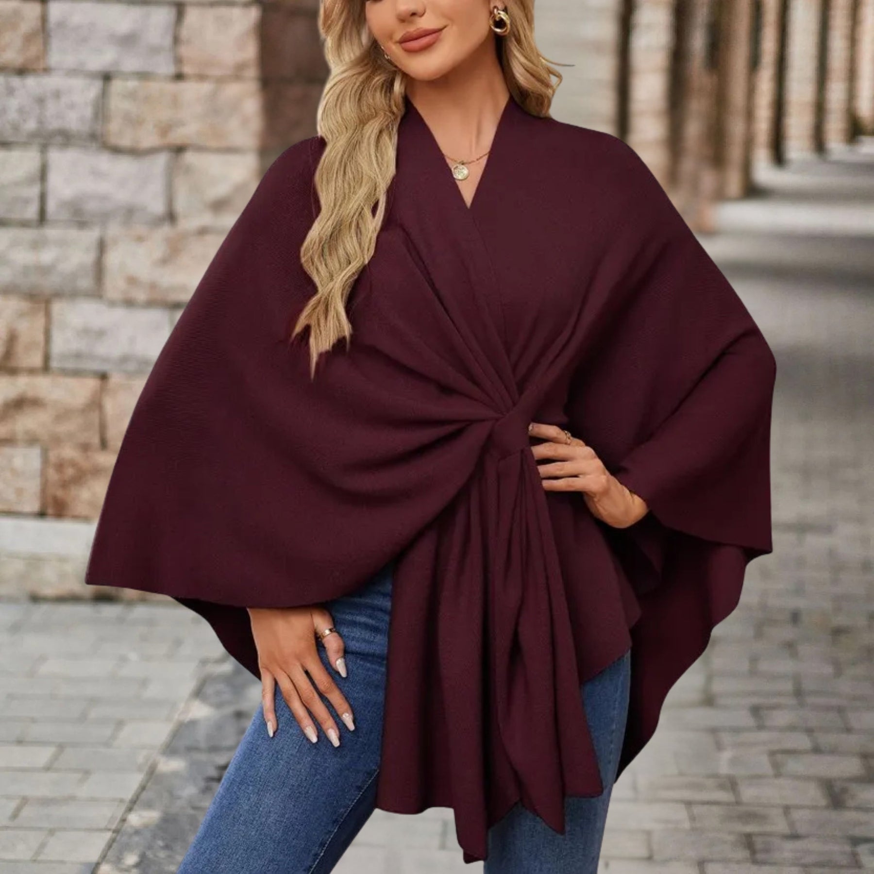 Poncho Sweater Women Draped Knot Detail Relaxed