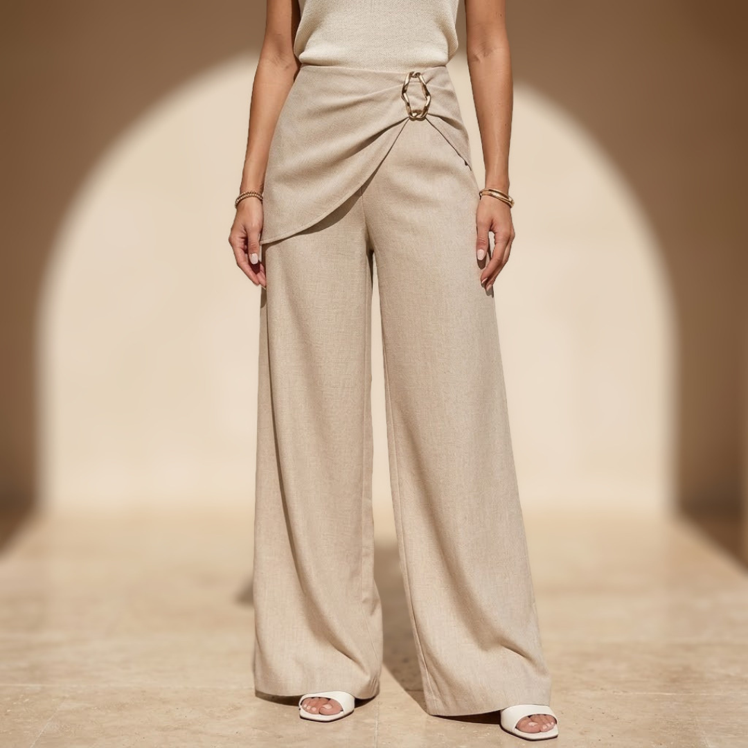 Beige asymmetric waist wide-leg women's pants with a relaxed fit, stylish and comfortable for casual or professional wear.
