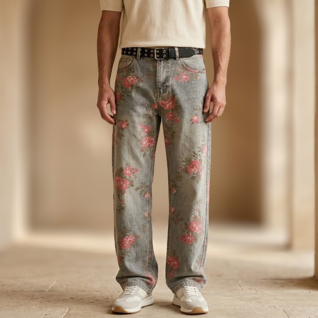 Pink floral baggy wide-leg denim jeans for men, featuring relaxed fit and stylish design from My Store.