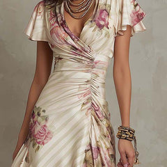 Light pink chiffon floral midi dress with long sleeves and a flowy skirt, perfect for evening wear, by My Store.