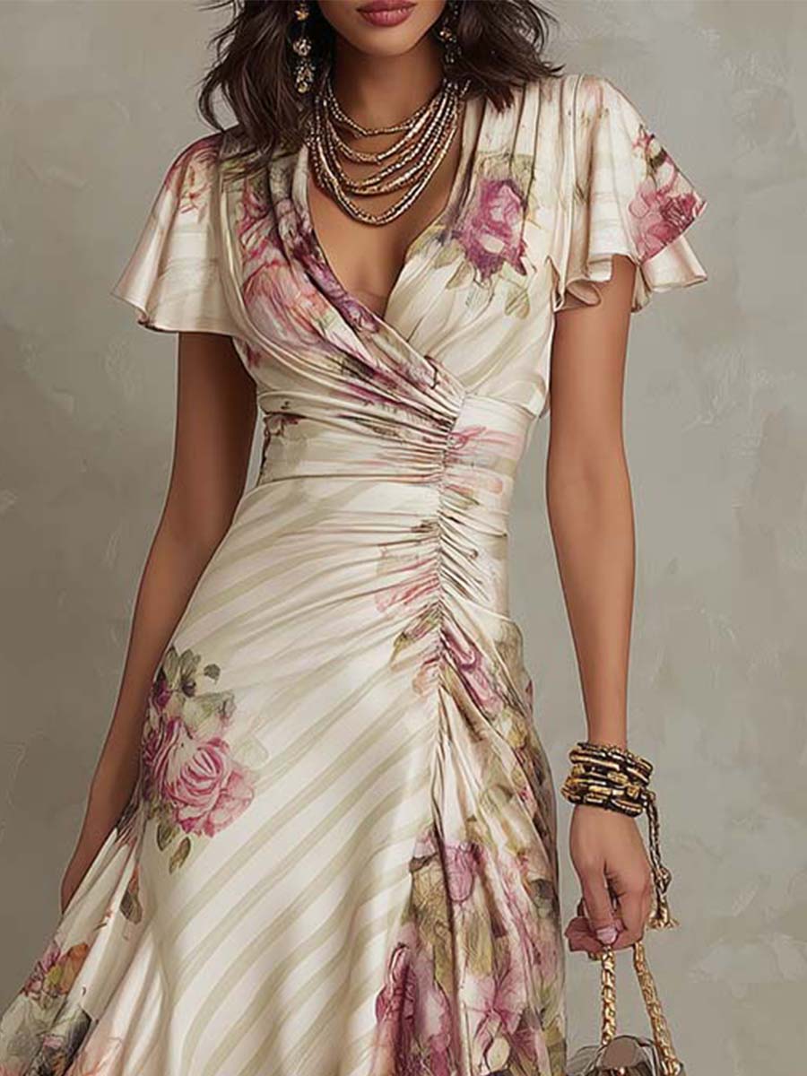 Light pink chiffon floral midi dress with long sleeves and a flowy skirt, perfect for evening wear, by My Store.